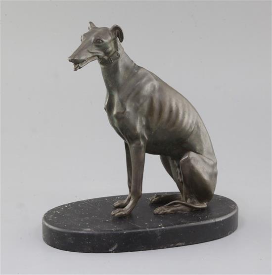 A 19th century French bronze seated greyhound letter holder with articulated jaw, h. 21.5cm